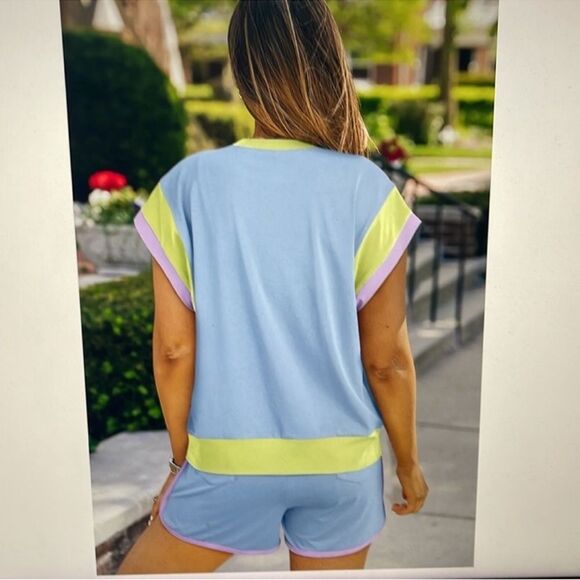 Blue Purple Green Shorts Set Stretch Knit Plus Size 2XL - Picture 3 of 7